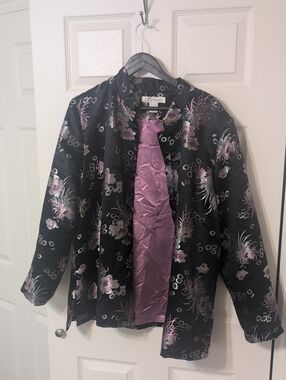 dressbarn Black Satin Embroidered Jacket with Lavender Accents